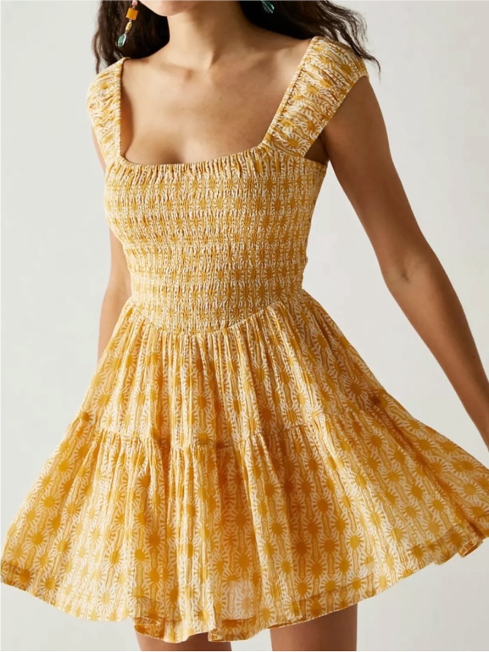 Free People Yellow floral print, Smocked Sun Dress